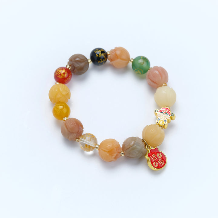 Agate Glass Rutilated Quartz God of Wealth Fortune Bag Bracelet - Wealth-Attracting Business Auspicious Jewelry