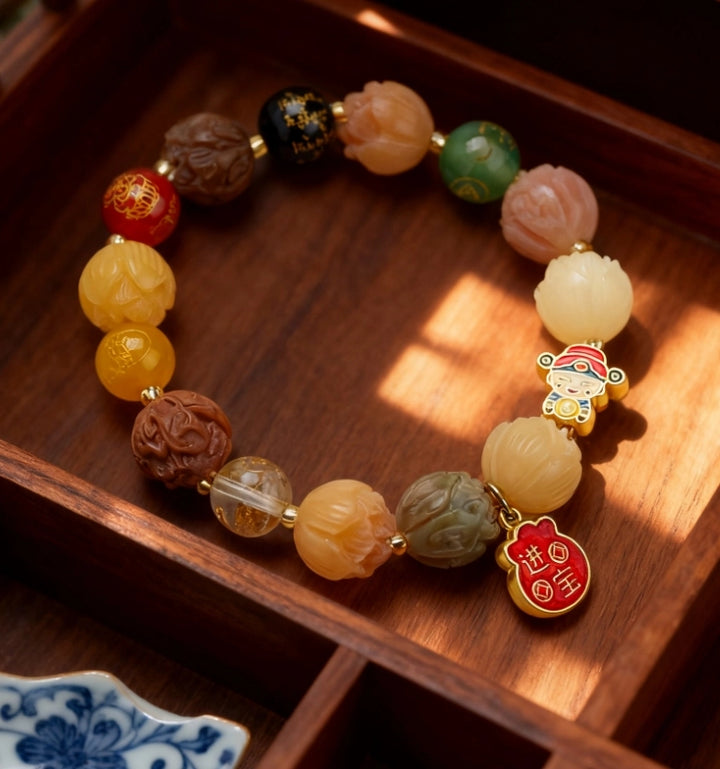 Agate Glass Rutilated Quartz God of Wealth Fortune Bag Bracelet - Wealth-Attracting Business Auspicious Jewelry