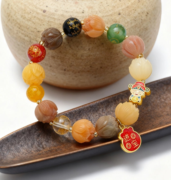 Agate Glass Rutilated Quartz God of Wealth Fortune Bag Bracelet - Wealth-Attracting Business Auspicious Jewelry