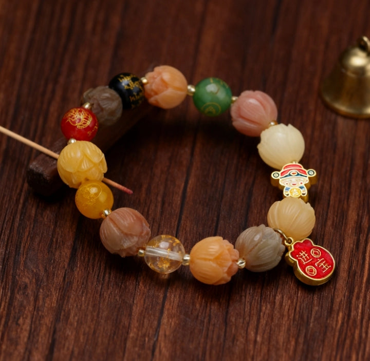Agate Glass Rutilated Quartz God of Wealth Fortune Bag Bracelet - Wealth-Attracting Business Auspicious Jewelry