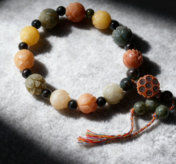 Bodhi Seed Agate Lotus Nine-Palace Grid Bracelet - Zen Meditation Tea Ceremony Jewelry