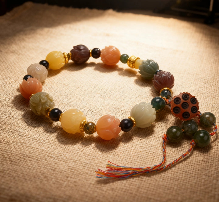 Bodhi Seed Agate Lotus Nine-Palace Grid Bracelet - Zen Meditation Tea Ceremony Jewelry