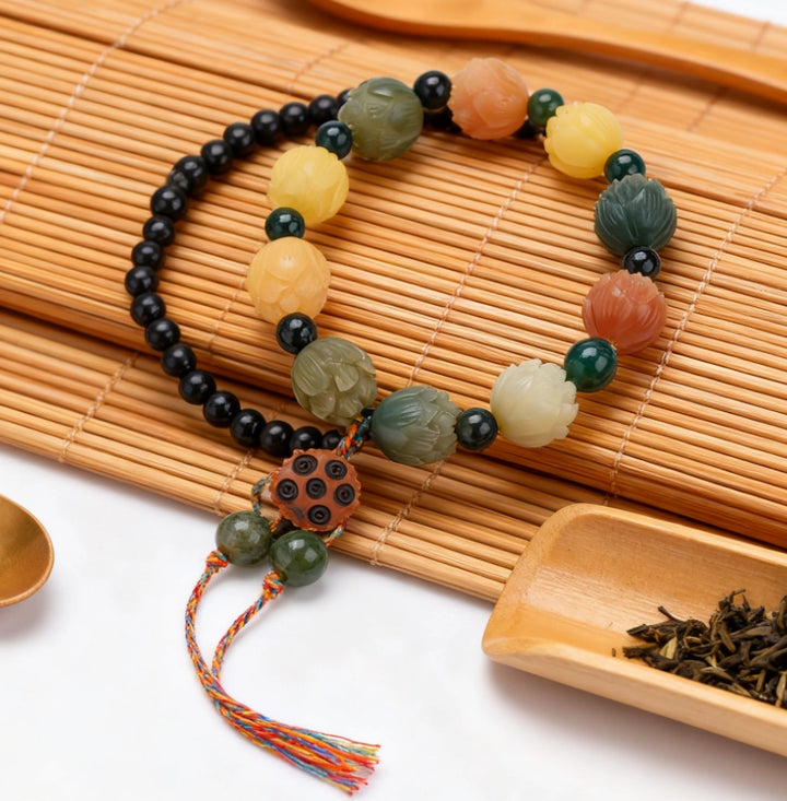 Bodhi Seed Agate Lotus Nine-Palace Grid Bracelet - Zen Meditation Tea Ceremony Jewelry