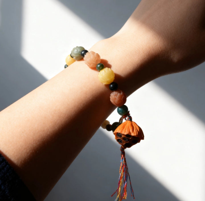 Bodhi Seed Agate Lotus Nine-Palace Grid Bracelet - Zen Meditation Tea Ceremony Jewelry