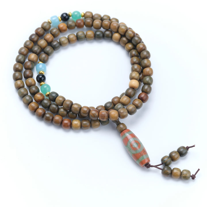 Green Sandalwood Colored Glaze Agate Dzi Bead Prayer Beads - Calming, Blessings, Wood, Fortune, Wisdom