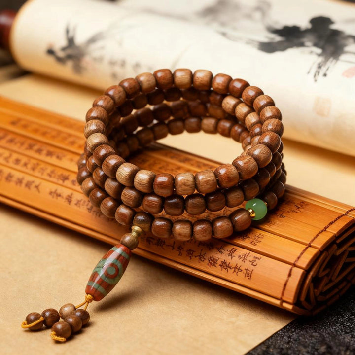 Green Sandalwood Colored Glaze Agate Dzi Bead Prayer Beads - Calming, Blessings, Wood, Fortune, Wisdom