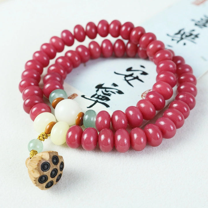Vermilion Jade & Agarwood Lotus Seedpod Bracelet - Fortune, Joy