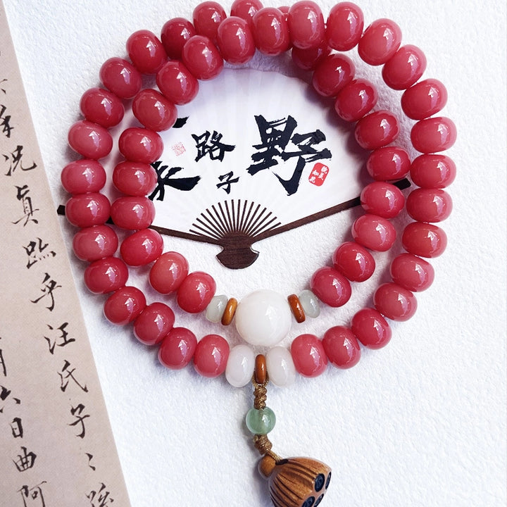 Vermilion Jade & Agarwood Lotus Seedpod Bracelet - Fortune, Joy