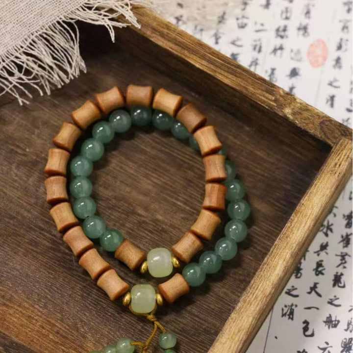 Peach wood, Aventurine jade Gourd Bracelet - Counteract evil force, Embracing blessings, Supplementing Earth, Supplementing Wood, Boosting fortune