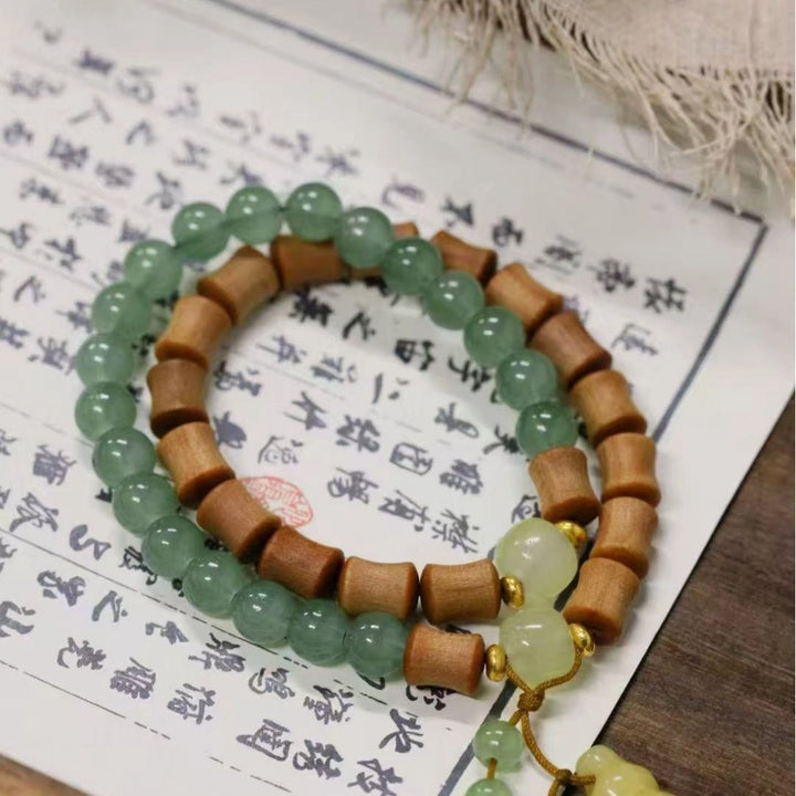 Peach wood, Aventurine jade Gourd Bracelet - Counteract evil force, Embracing blessings, Supplementing Earth, Supplementing Wood, Boosting fortune