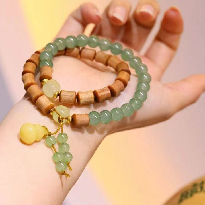 Peach wood, Aventurine jade Gourd Bracelet - Counteract evil force, Embracing blessings, Supplementing Earth, Supplementing Wood, Boosting fortune
