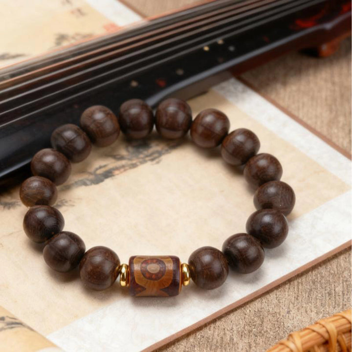 Red sandalwood Dzi bead, Metal Bracelet - Attract wealth, Protecting, Supplementing Wood, Embracing blessings
