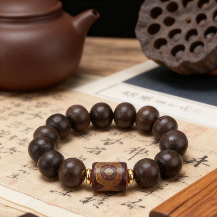 Red sandalwood Dzi bead, Metal Bracelet - Attract wealth, Protecting, Supplementing Wood, Embracing blessings