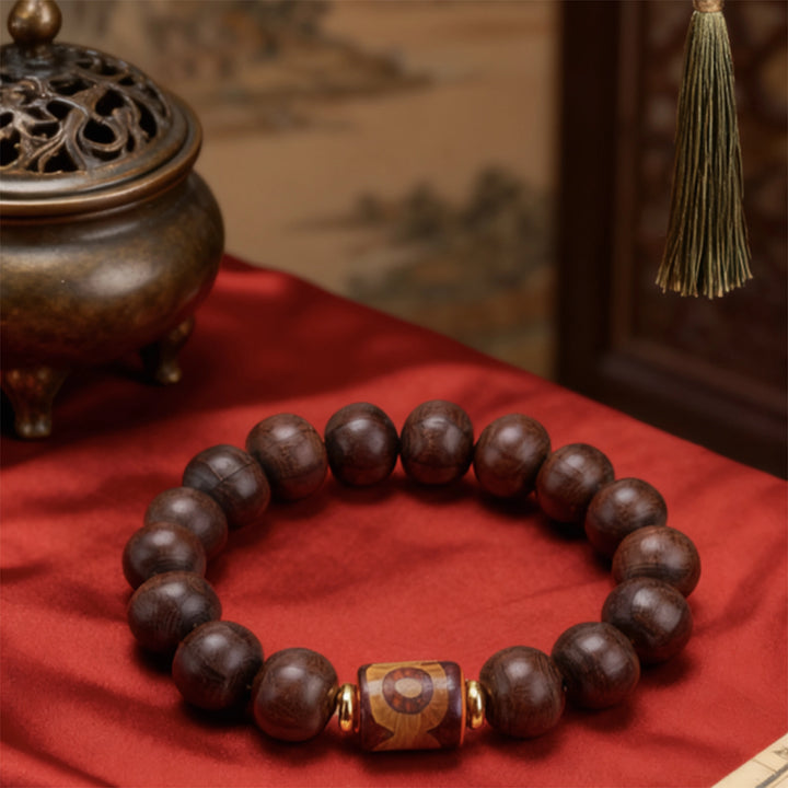 Red sandalwood Dzi bead, Metal Bracelet - Attract wealth, Protecting, Supplementing Wood, Embracing blessings