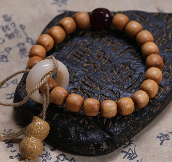 Sandalwood Agate Peanut Nanhong Bracelet - Good Luck, Longevity, New Chinese Auspicious Jewelry