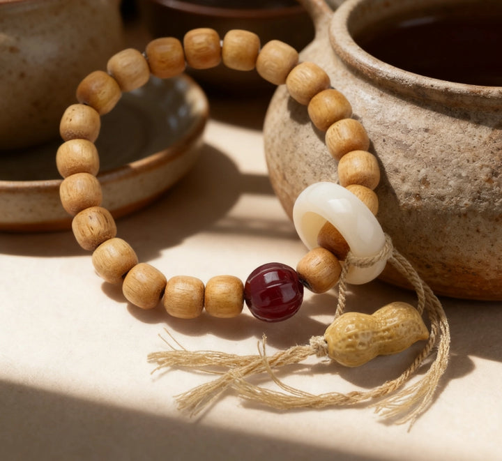 Sandalwood Agate Peanut Nanhong Bracelet - Good Luck, Longevity, New Chinese Auspicious Jewelry