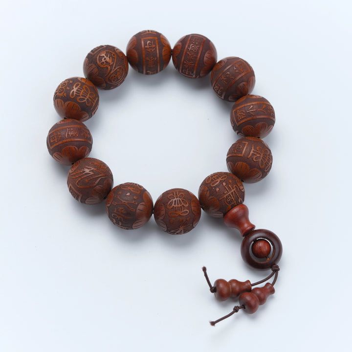 Sandalwood Engraved Rune Beads Rotating Ring Gourd Bracelet - Calming, Protection, Wood, Wisdom, Dispel Disaster