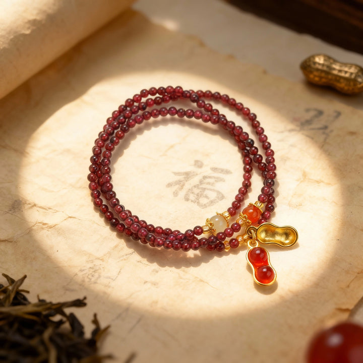 Agate & Chalcedony Bracelet with Golden Peanut Charm – Feminine Luck & Joy