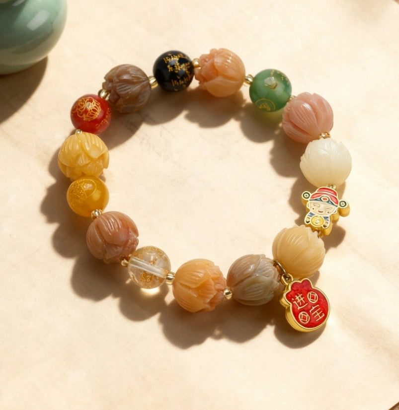 Agate Glass Rutilated Quartz God of Wealth Fortune Bag Bracelet - Wealth-Attracting Business Auspicious Jewelry