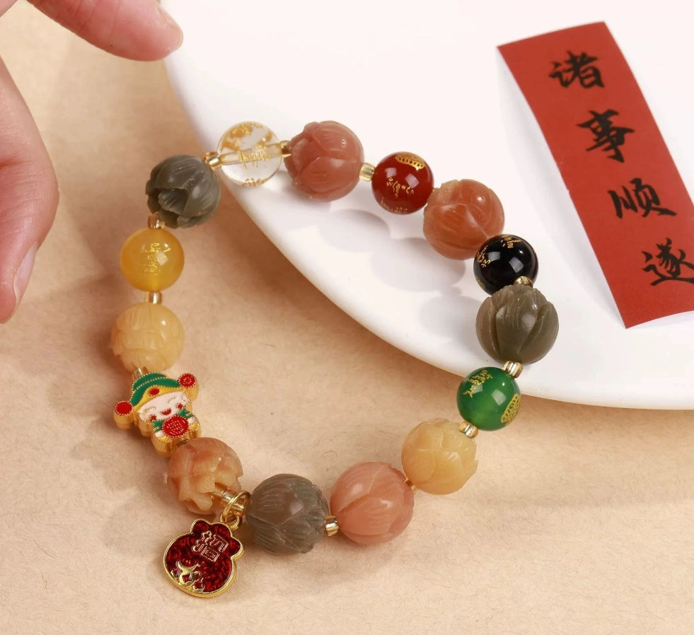 Agate Glass Rutilated Quartz God of Wealth Fortune Bag Bracelet - Wealth-Attracting Business Auspicious Jewelry
