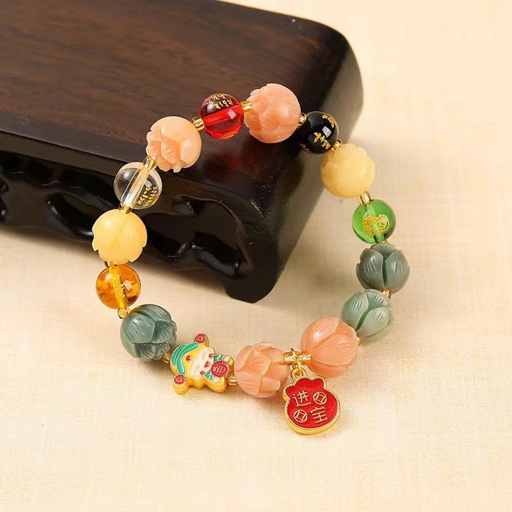 Agate Glass Rutilated Quartz God of Wealth Fortune Bag Bracelet - Wealth-Attracting Business Auspicious Jewelry