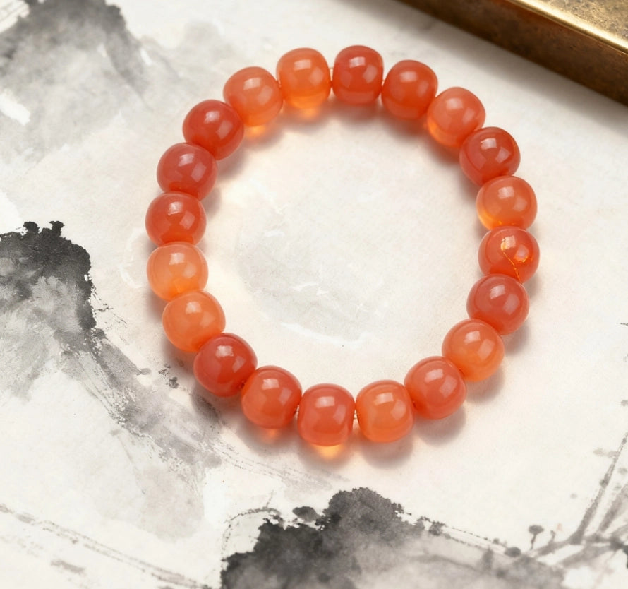 Coral Pink Bodhi Root Barrel Bead Bracelet - Relationship Boosting Friend Gift Jewelry