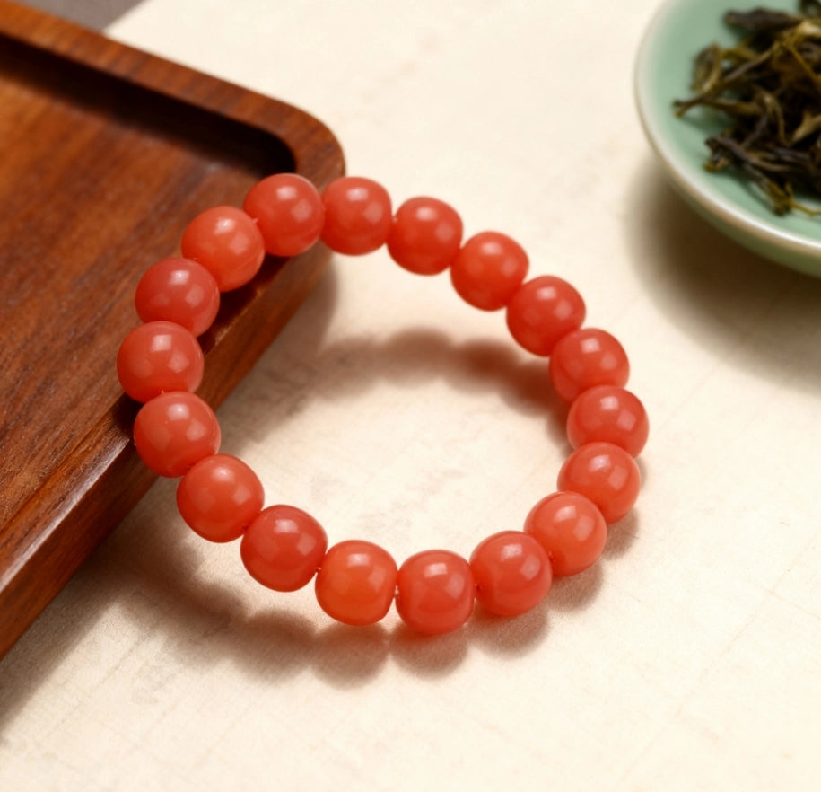 Coral Pink Bodhi Root Barrel Bead Bracelet - Relationship Boosting Friend Gift Jewelry