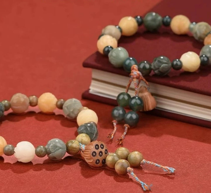 Bodhi Seed Agate Lotus Nine-Palace Grid Bracelet - Zen Meditation Tea Ceremony Jewelry