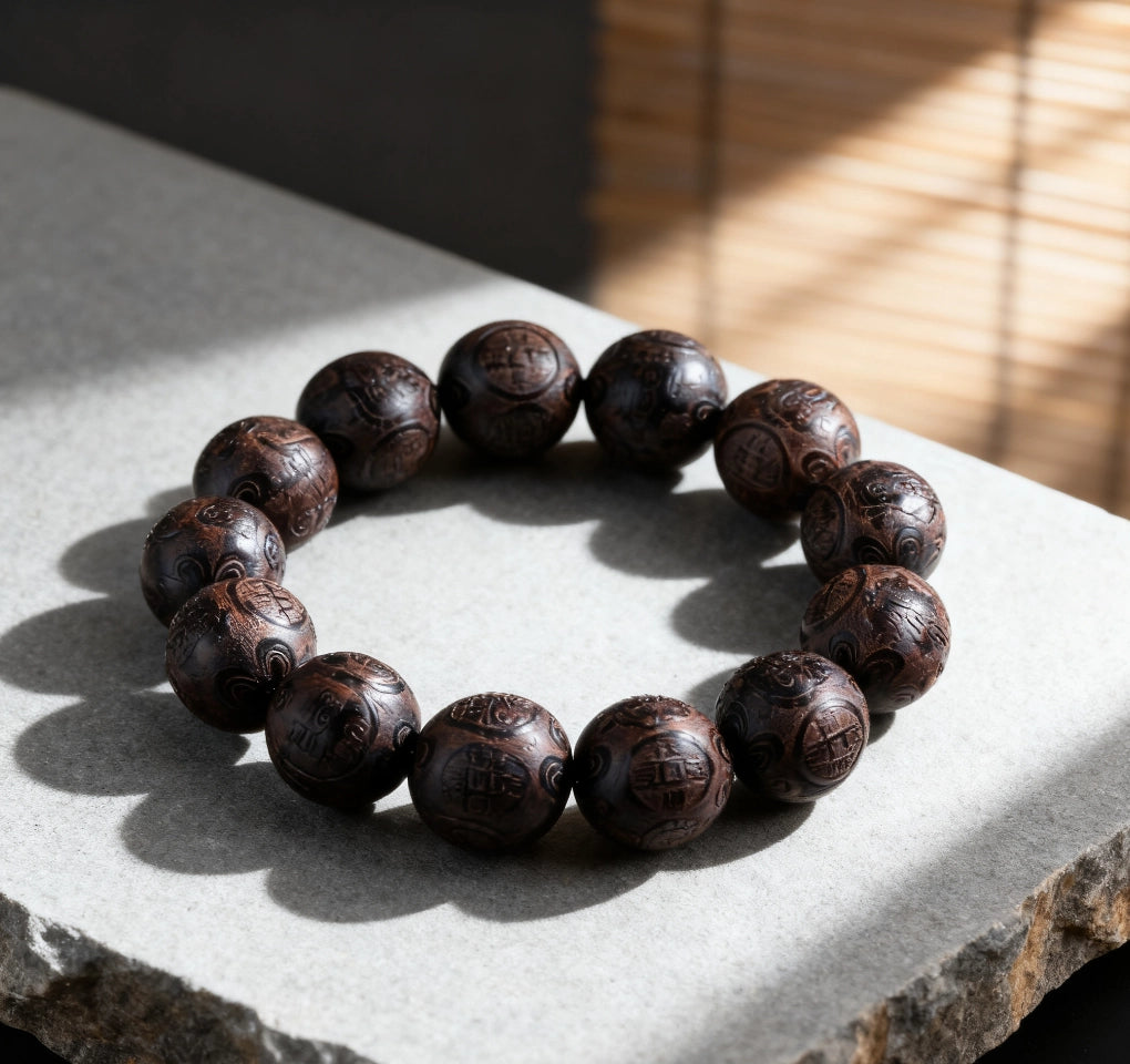 Laoshan Sandalwood Fortune Copper Coin Bracelet - Purification, Calming, Feng Shui Jewelry