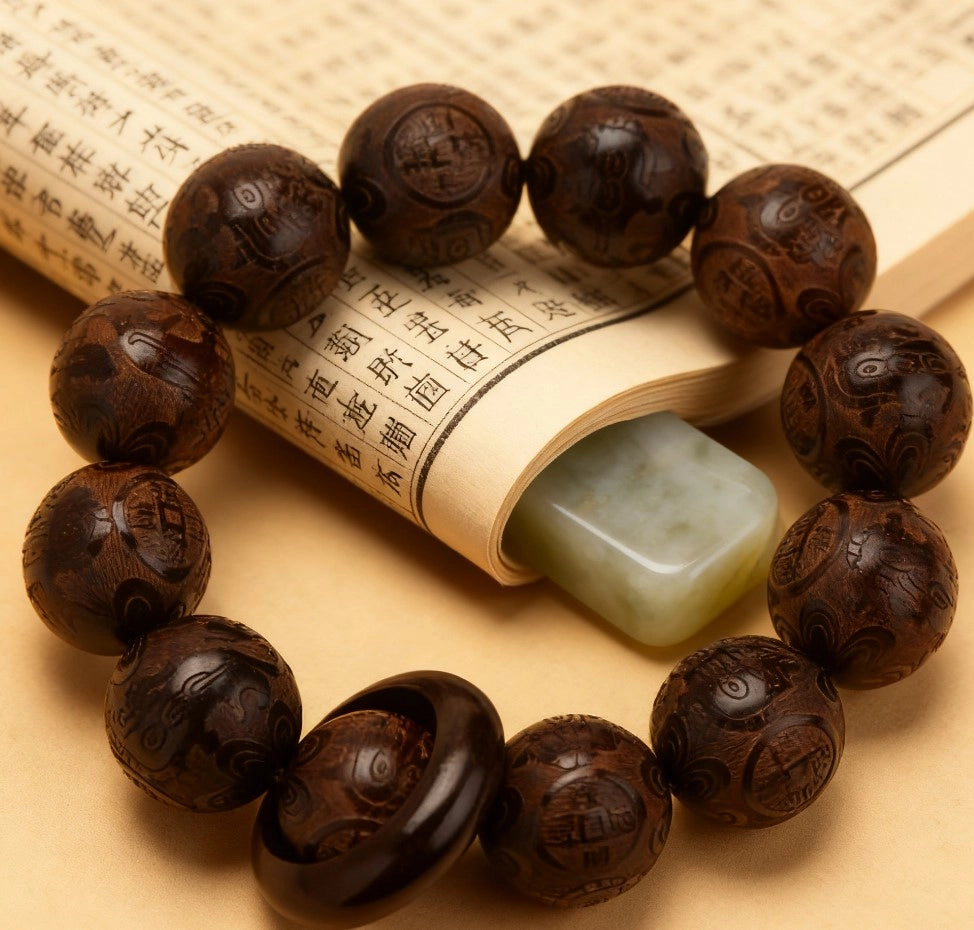 Laoshan Sandalwood Fortune Copper Coin Bracelet - Purification, Calming, Feng Shui Jewelry