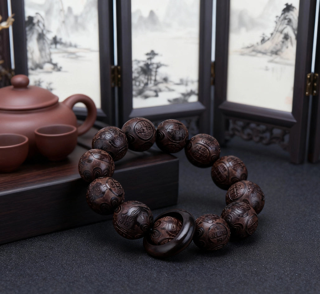 Laoshan Sandalwood Fortune Copper Coin Bracelet - Purification, Calming, Feng Shui Jewelry