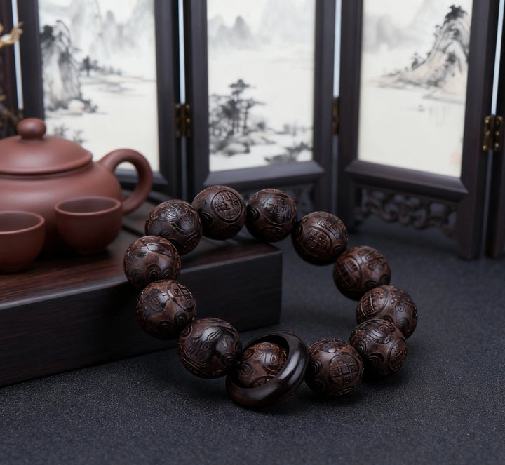 Laoshan Sandalwood Fortune Copper Coin Bracelet - Purification, Calming, Feng Shui Jewelry