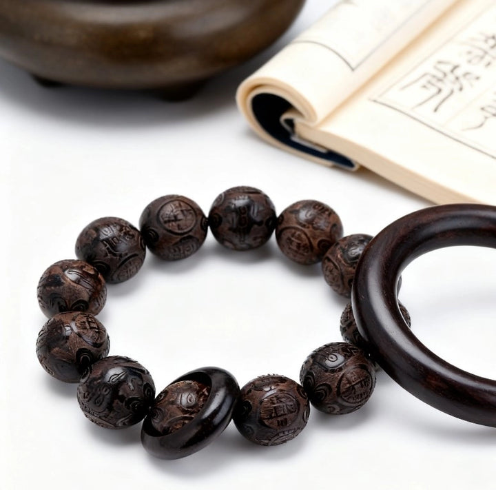 Laoshan Sandalwood Fortune Copper Coin Bracelet - Purification, Calming, Feng Shui Jewelry
