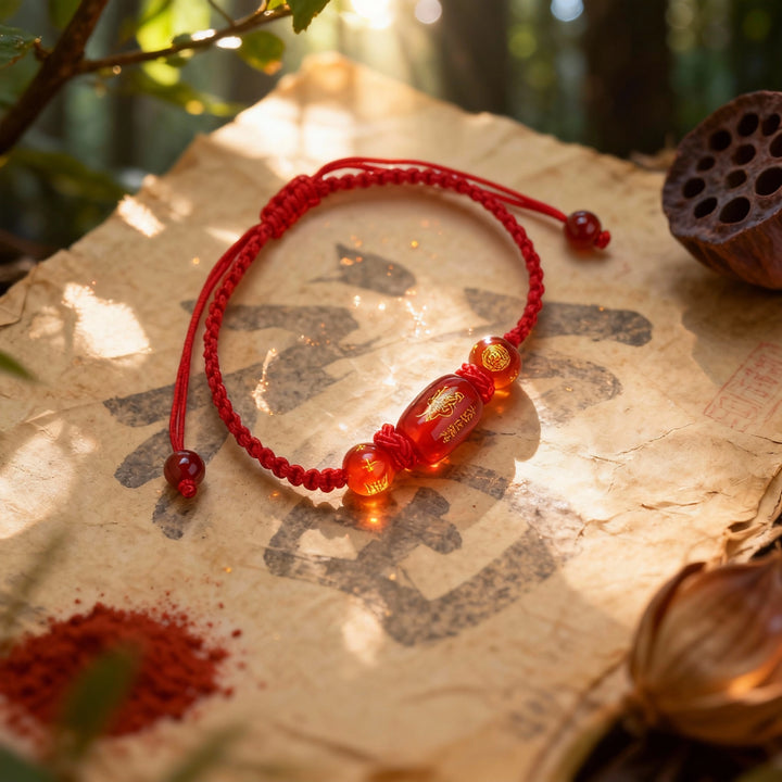 Fabric Hand Rope with Gold-Print Resin Beads - Auspicious Wealth & Golden Blessing