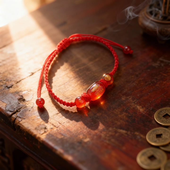 Fabric Hand Rope with Gold-Print Resin Beads - Auspicious Wealth & Golden Blessing