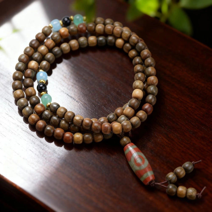 Green Sandalwood Colored Glaze Agate Dzi Bead Prayer Beads - Calming, Blessings, Wood, Fortune, Wisdom