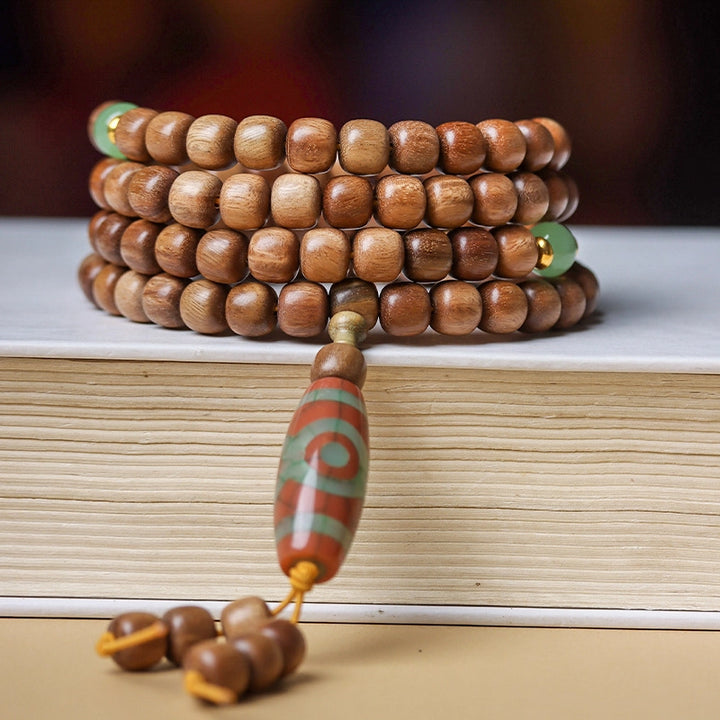 Green Sandalwood Colored Glaze Agate Dzi Bead Prayer Beads - Calming, Blessings, Wood, Fortune, Wisdom