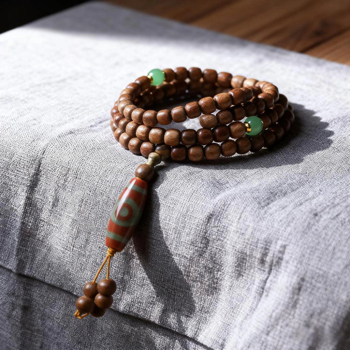 Green Sandalwood Colored Glaze Agate Dzi Bead Prayer Beads - Calming, Blessings, Wood, Fortune, Wisdom
