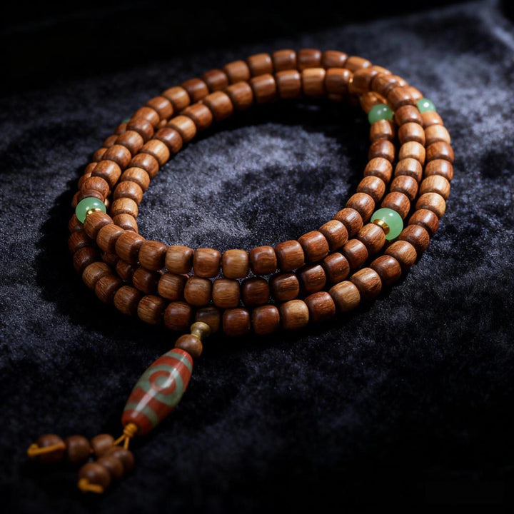 Green Sandalwood Colored Glaze Agate Dzi Bead Prayer Beads - Calming, Blessings, Wood, Fortune, Wisdom