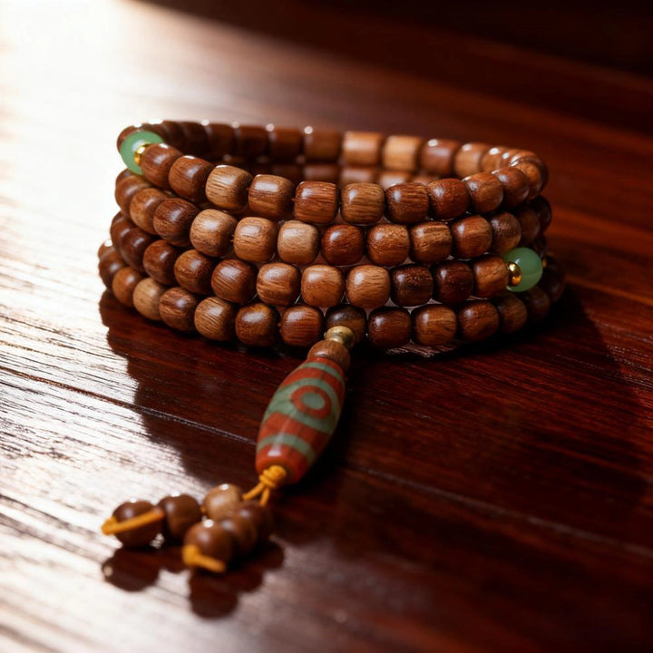 Green Sandalwood Colored Glaze Agate Dzi Bead Prayer Beads - Calming, Blessings, Wood, Fortune, Wisdom