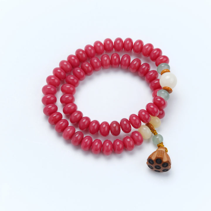 Vermilion Jade & Agarwood Lotus Seedpod Bracelet - Fortune, Joy