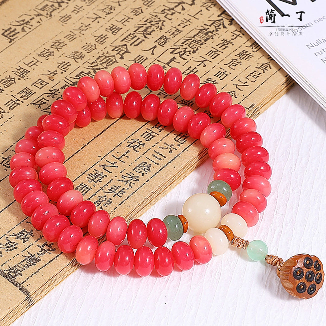 Vermilion Jade & Agarwood Lotus Seedpod Bracelet - Fortune, Joy