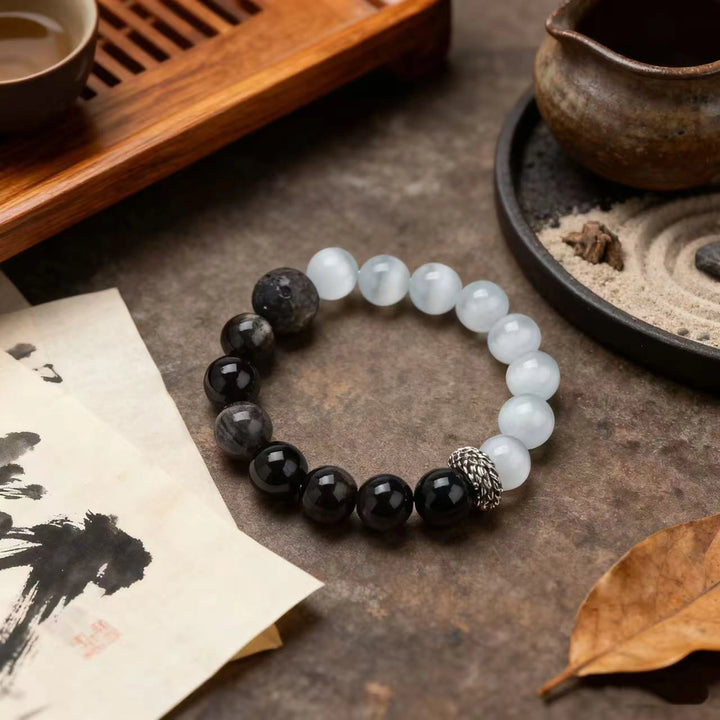 Obsidian & White Crystal Bracelet – Yin & Yang Masterpiece, Harmonious Balance