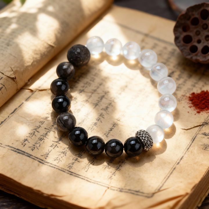 Obsidian & White Crystal Bracelet – Yin & Yang Masterpiece, Harmonious Balance