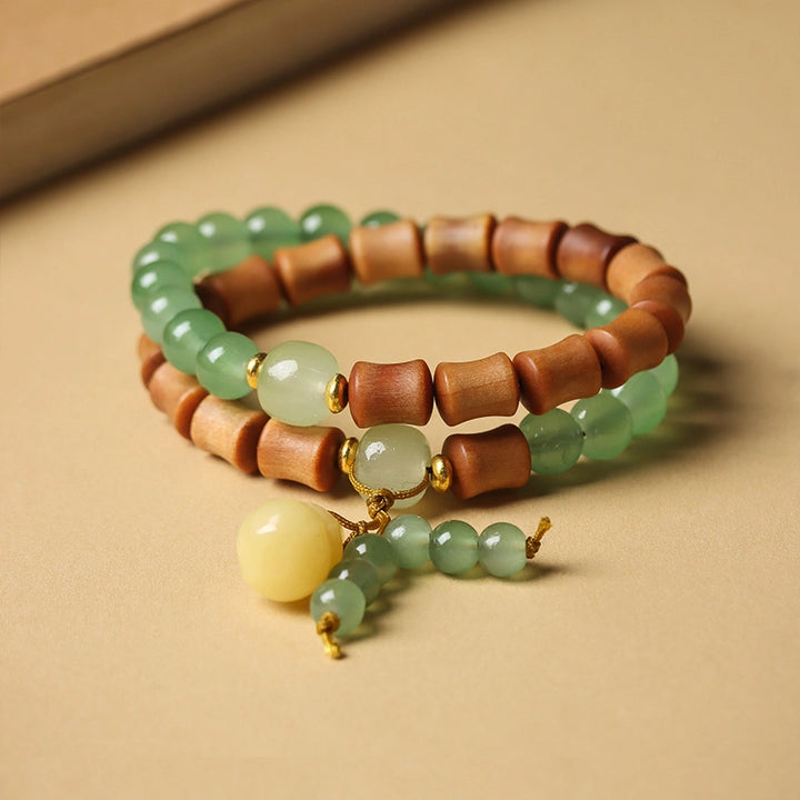 Peach wood, Aventurine jade Gourd Bracelet - Counteract evil force, Embracing blessings, Supplementing Earth, Supplementing Wood, Boosting fortune