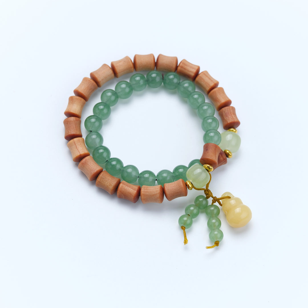 Peach wood, Aventurine jade Gourd Bracelet - Counteract evil force, Embracing blessings, Supplementing Earth, Supplementing Wood, Boosting fortune