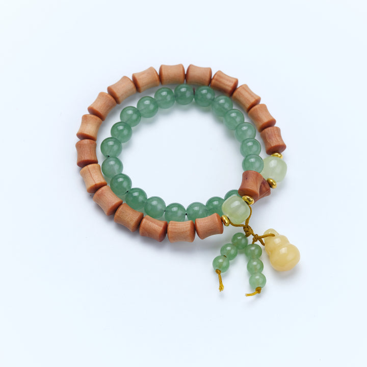 Peach wood, Aventurine jade Gourd Bracelet - Counteract evil force, Embracing blessings, Supplementing Earth, Supplementing Wood, Boosting fortune