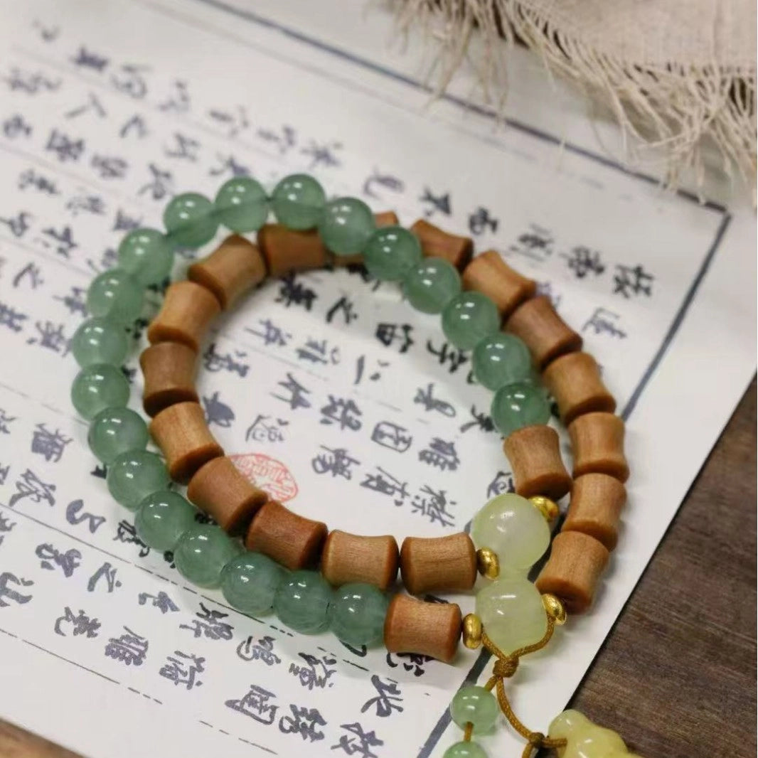 Peach wood, Aventurine jade Gourd Bracelet - Counteract evil force, Embracing blessings, Supplementing Earth, Supplementing Wood, Boosting fortune
