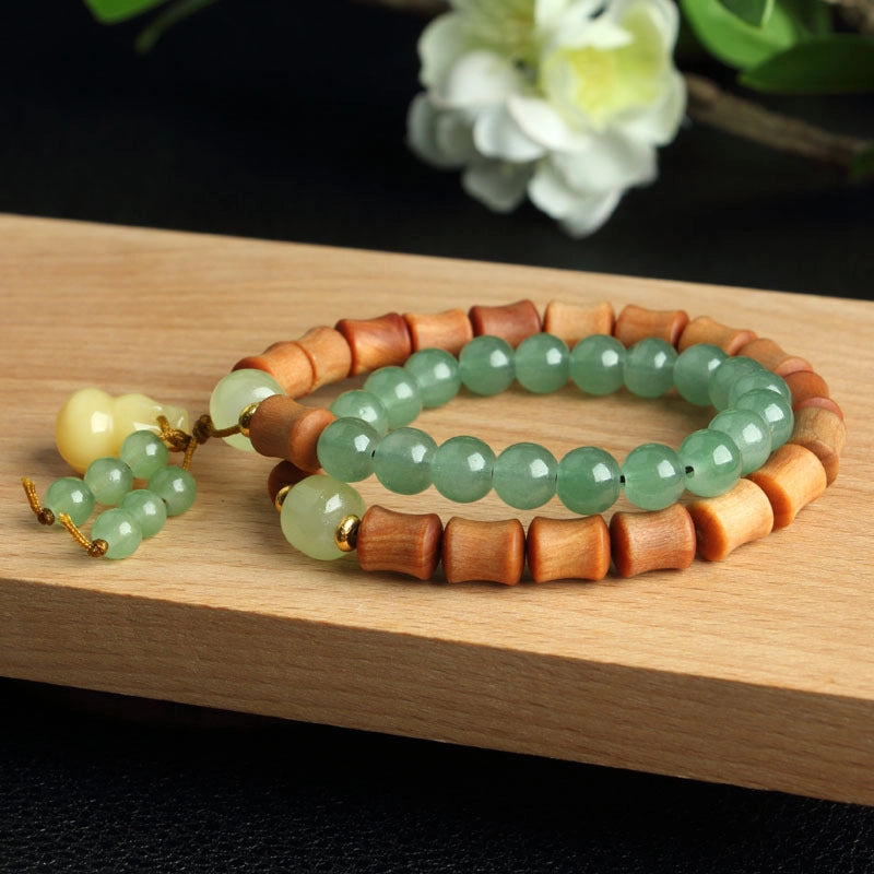 Peach wood, Aventurine jade Gourd Bracelet - Counteract evil force, Embracing blessings, Supplementing Earth, Supplementing Wood, Boosting fortune