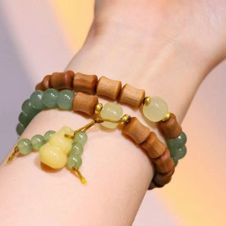 Peach wood, Aventurine jade Gourd Bracelet - Counteract evil force, Embracing blessings, Supplementing Earth, Supplementing Wood, Boosting fortune